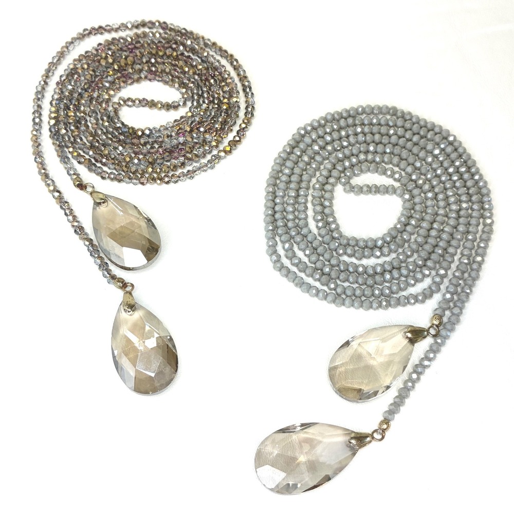 Vintage Lariat Necklace Set Crystal Faceted Beaded Teardrop Purple Gray 2 Piece